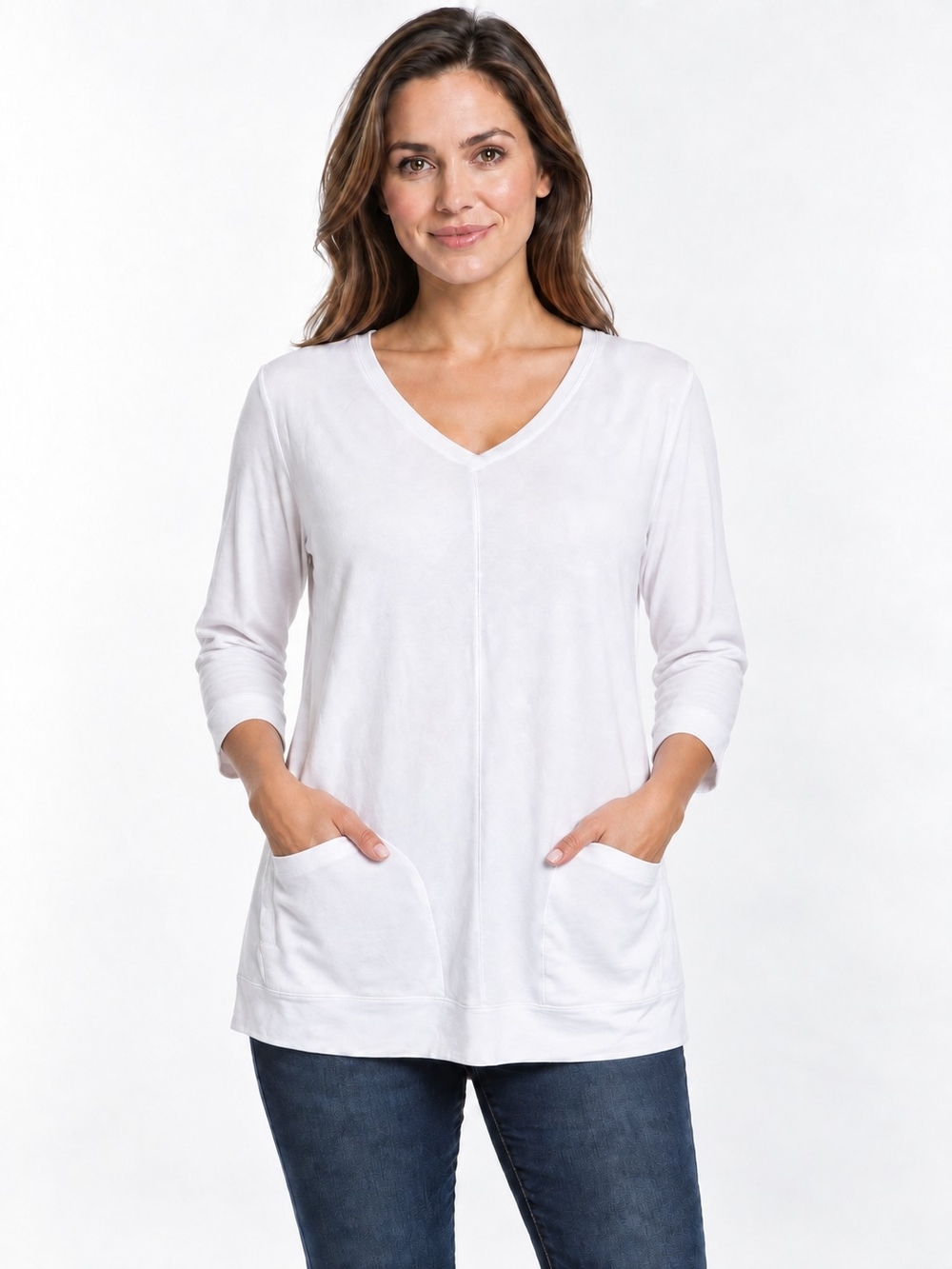 Chico's White V-Neck Long Sleeve Pocket Tee